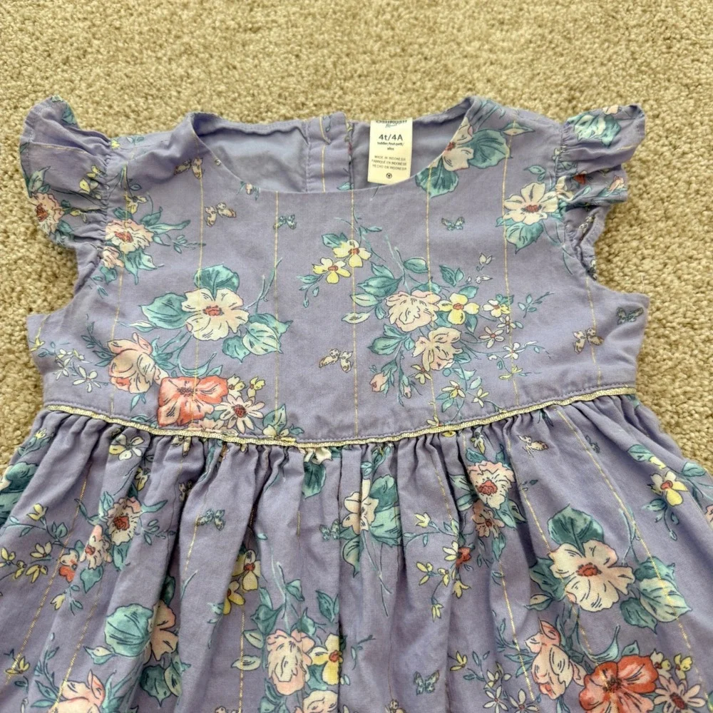 OshKosh B'gosh Floral Dress Toddler 4T/4A Purple Flutter Sleeve Metallic Stripe